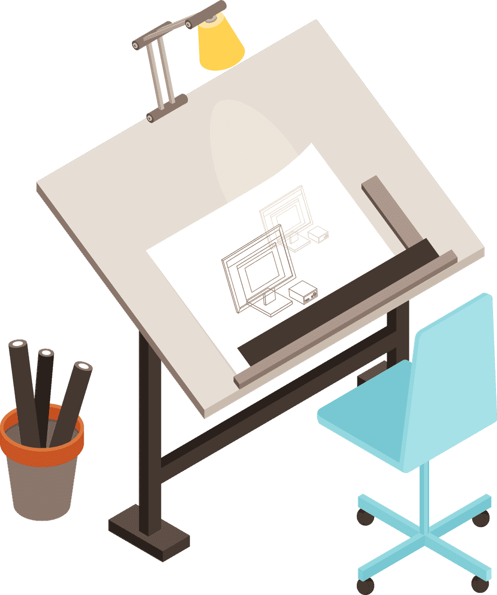 art photo design studio isometric workspace with drafting table and chair for creative projects