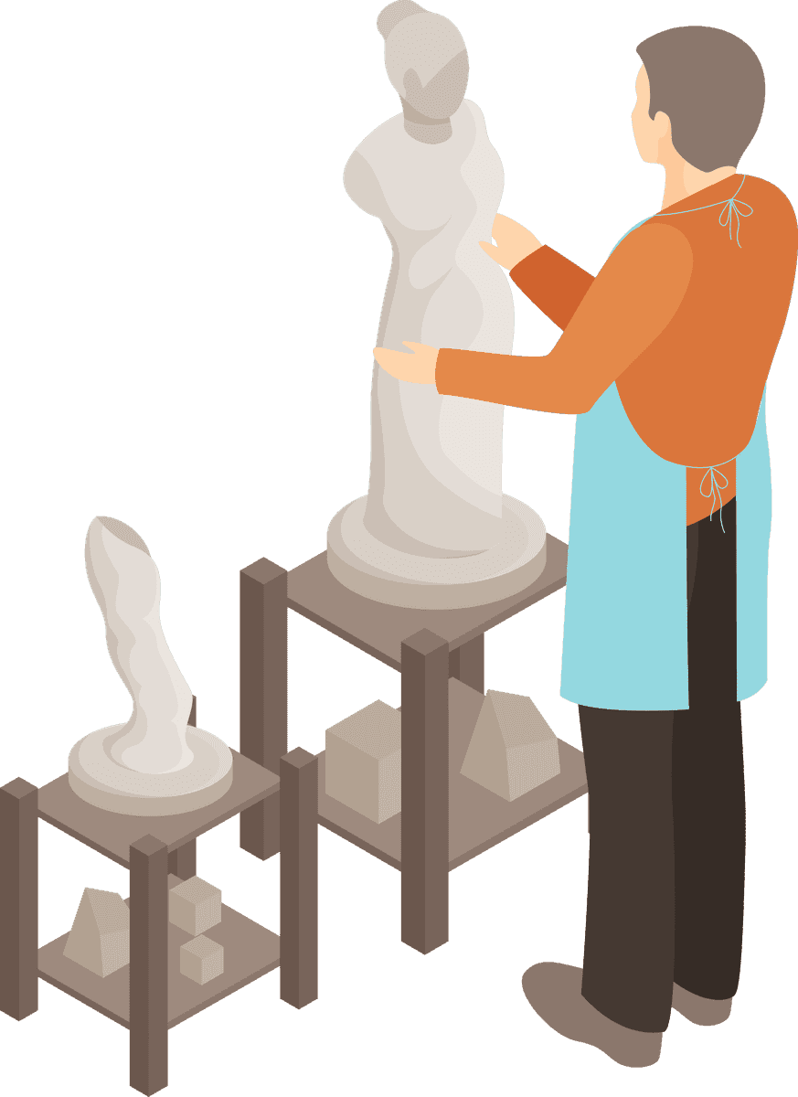 art photo design studio isometric view of a sculptor with statues and tools