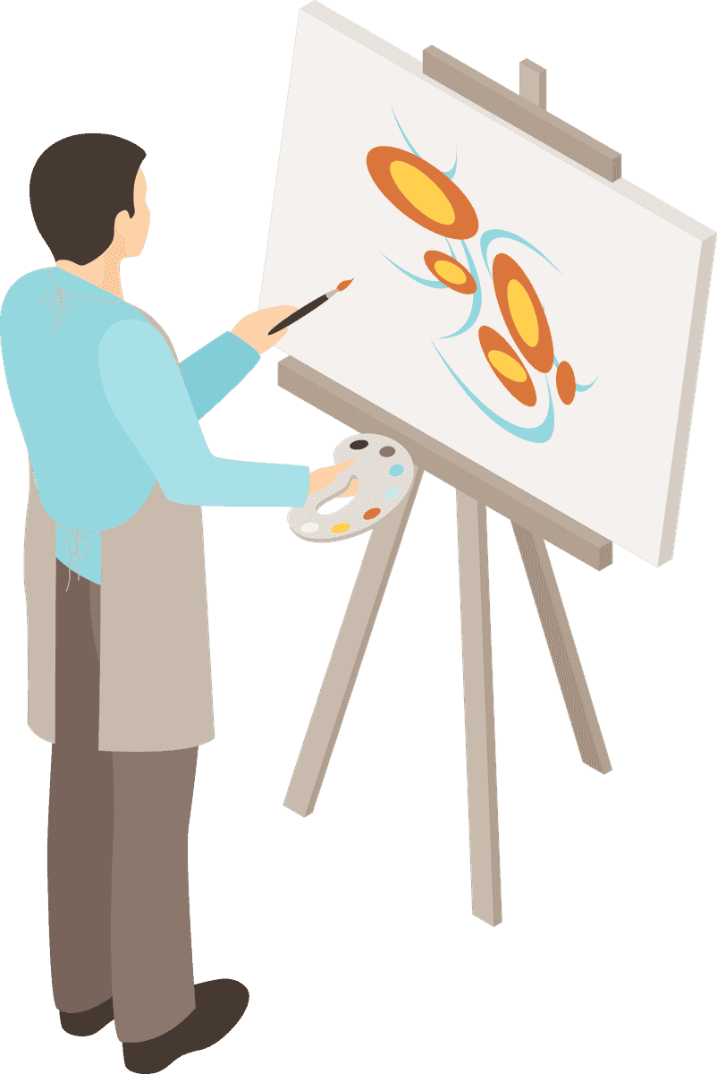 art photo design studio isometric illustration of an artist creating vibrant abstract artwork