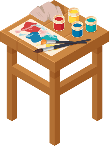 art studio isometric interior elements collection with isolated painting