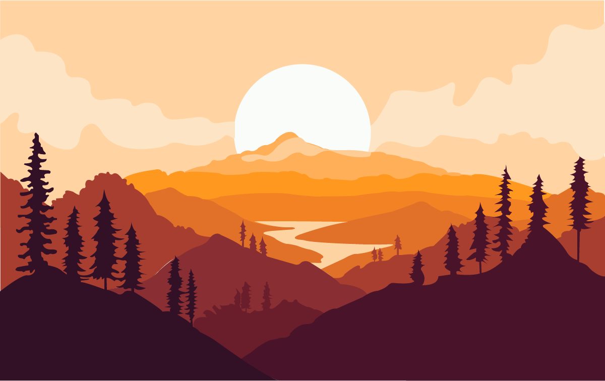autumn mountain silhouettes river landscape under a vibrant sunset sky
