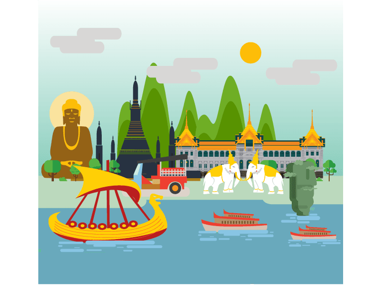 asia travel design concept with colorful landscape illustration