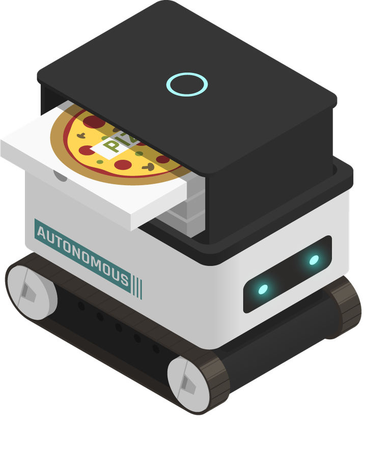 autonomous vehicles isometric icons for delivery services featuring a pizza delivery robot