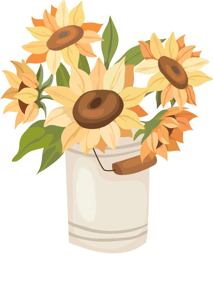 autumn elements classical objects sketch featuring sunflowers in a rustic bucket