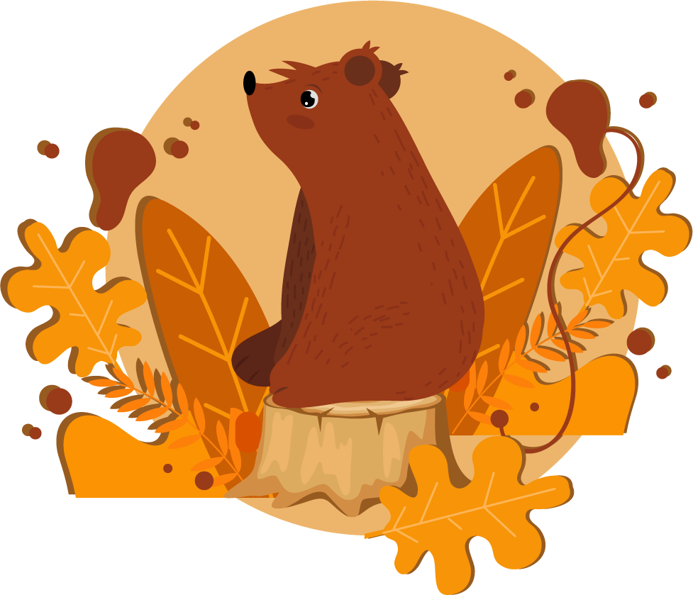 autumn icons classic colorful bear sitting on a tree stump with leaves