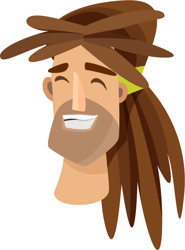 cartoon style avatar illustration of a happy man with dreadlocks and an engaging smile