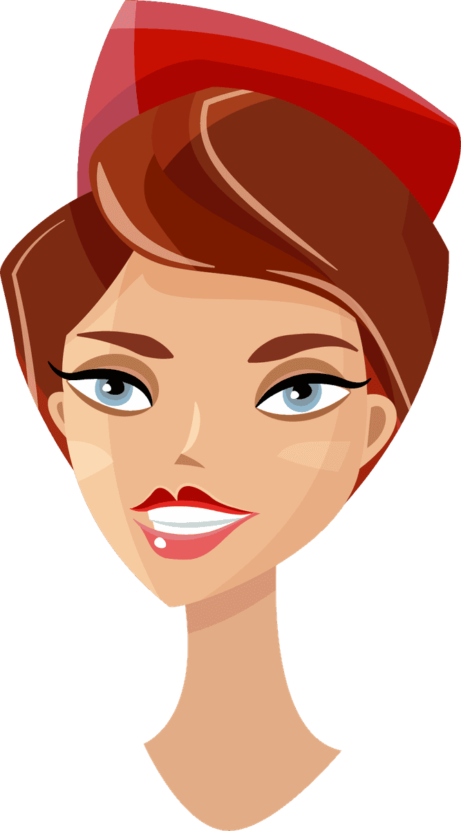 cartoon style avatar illustration of a cheerful flight attendant with a stylish cap