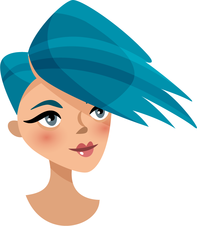 cartoon style avatar illustration of a trendy woman with vibrant blue hair