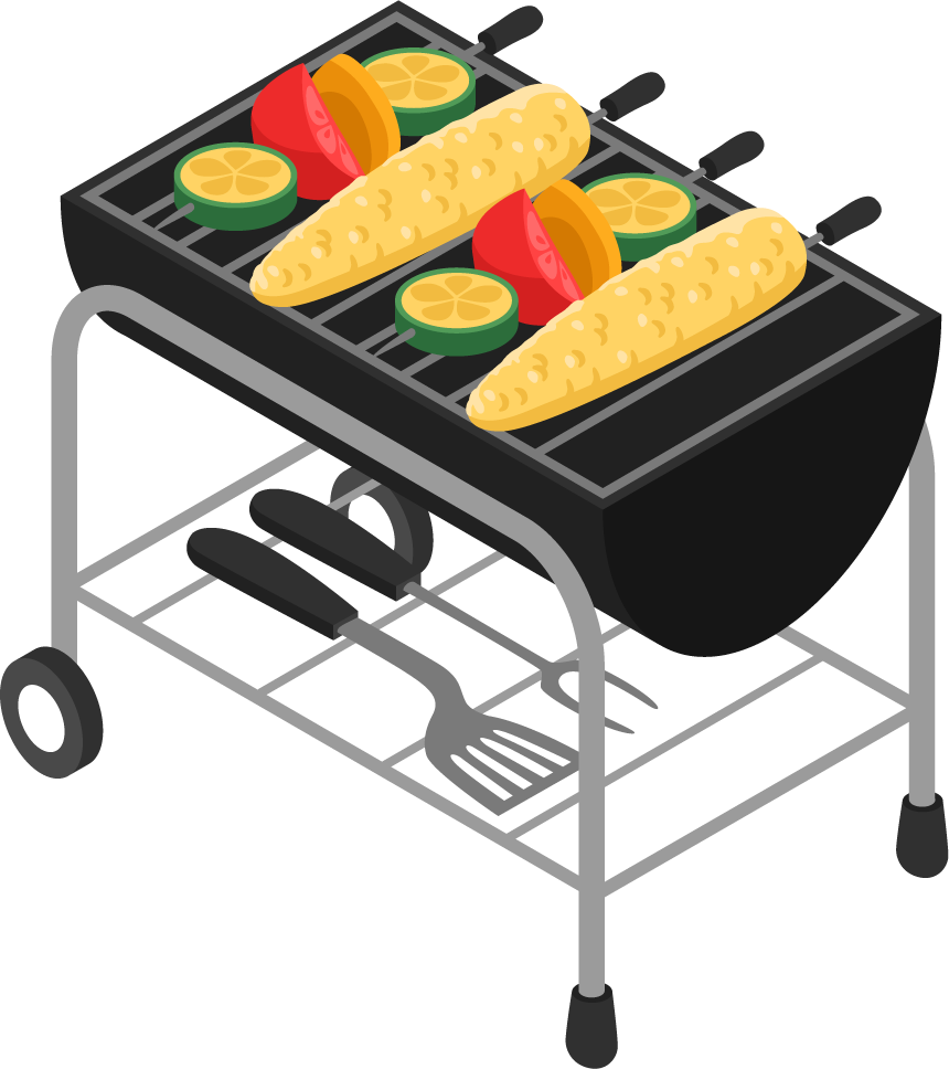 barbecue isometric food vegetables on a grill with colorful ingredients for outdoor cooking
