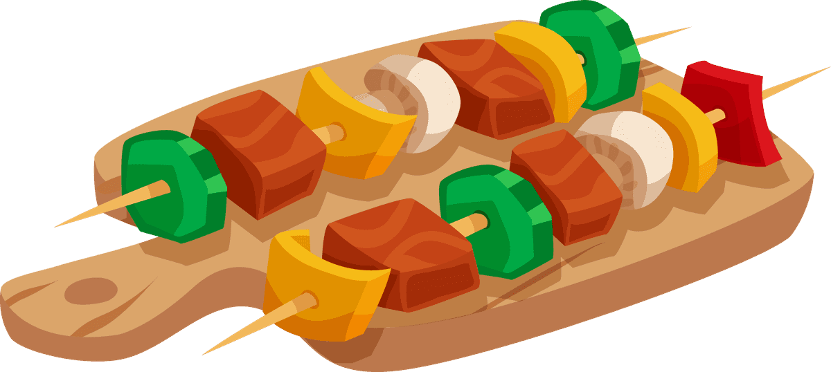 bbq grill elements illustration featuring colorful kebabs on a wooden board