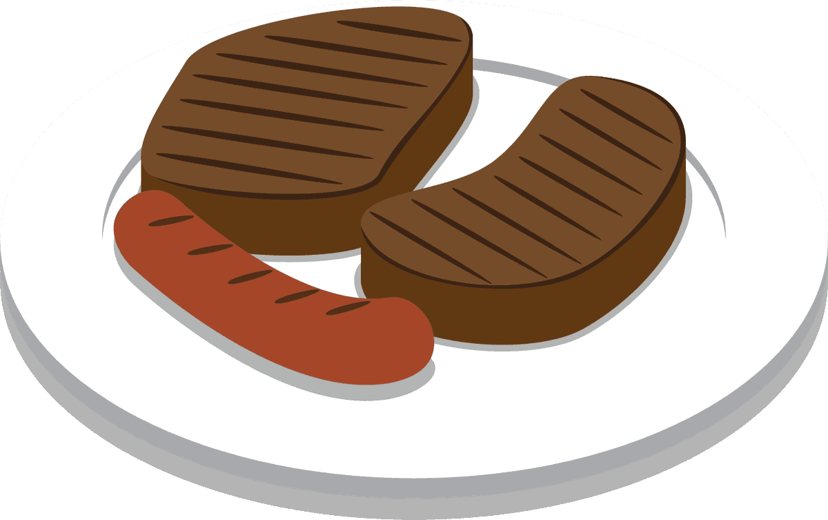isometric bbq picnic items illustration featuring grilled meats and a stylish plate