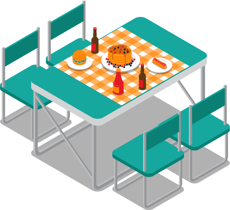 isometric bbq picnic items illustration featuring a table, chairs, and delicious food