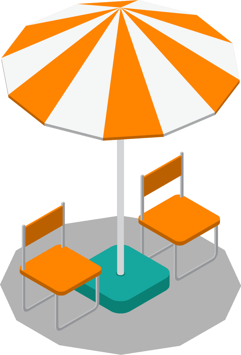 isometric bbq picnic items illustration featuring a cheerful outdoor umbrella and seating setup