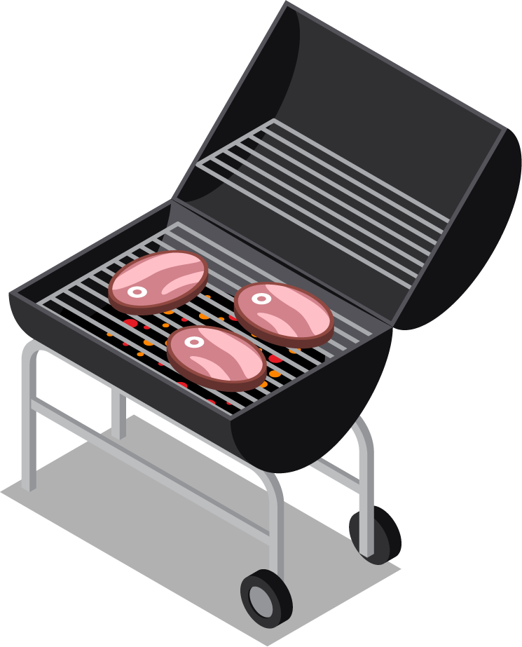 isometric bbq picnic items illustration featuring a grill with delicious meats and vibrant colors