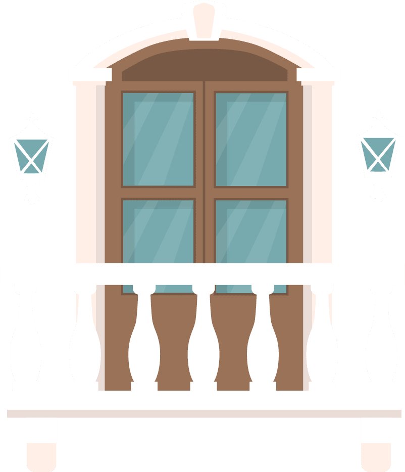 beautiful decorated balcony flat web cartoon vintage windows with classic decor fences