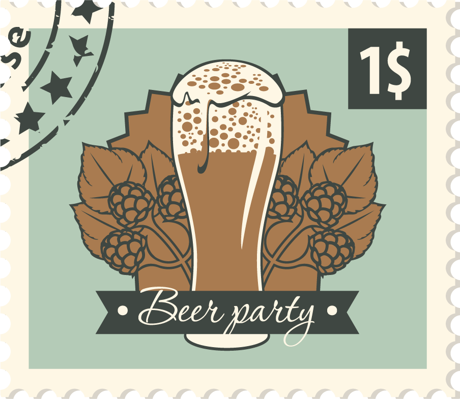 beer postal stamps template vector featuring a frothy beverage and hop leaves for festive occasions