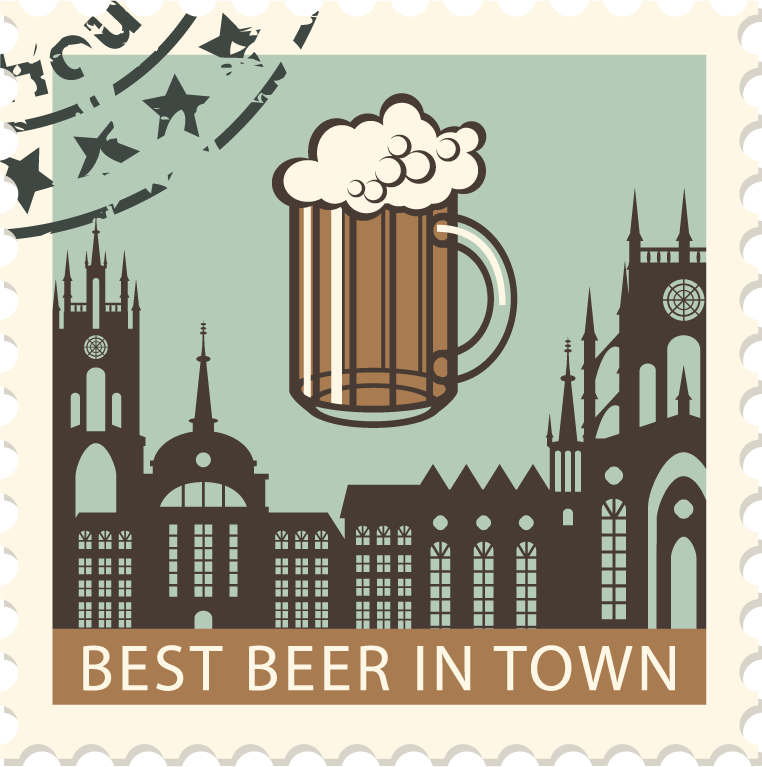 beer postal stamps template vector featuring iconic architecture and frothy mug of beer