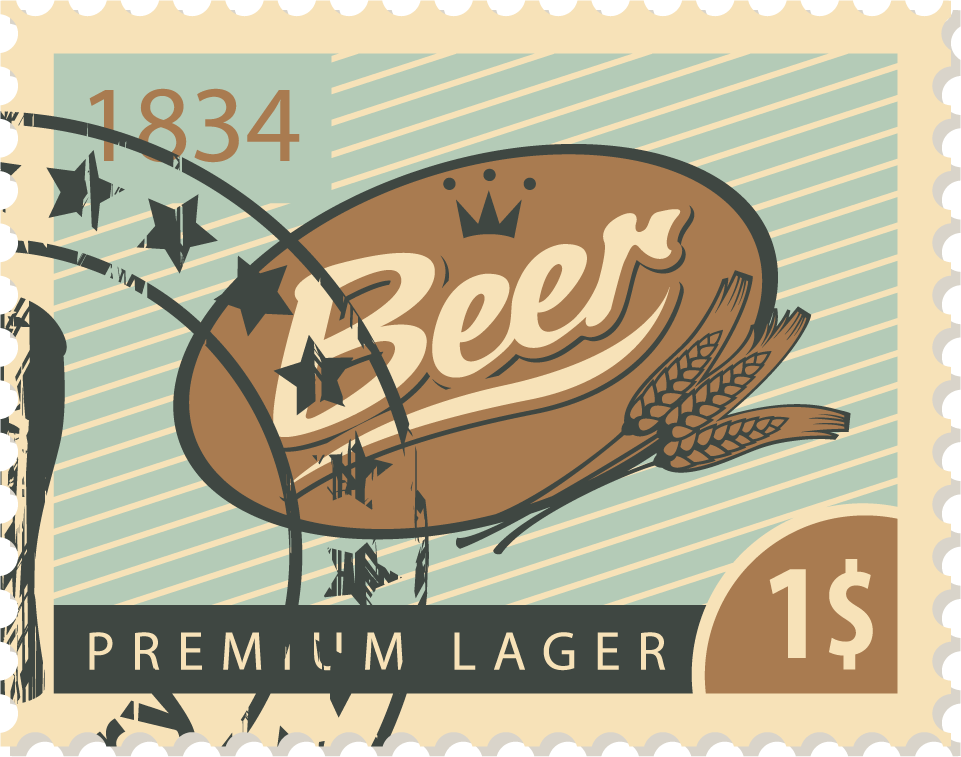 beer postal stamps template vector featuring vintage style and premium lager appeal