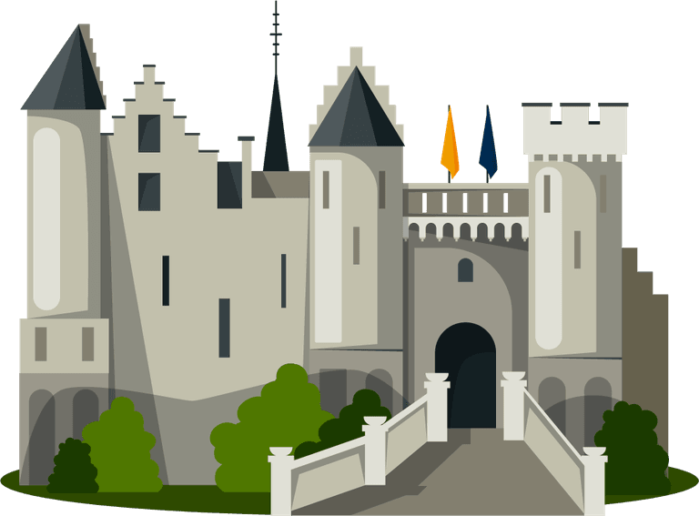 belgium flat style icons featuring a majestic medieval castle with lush greenery