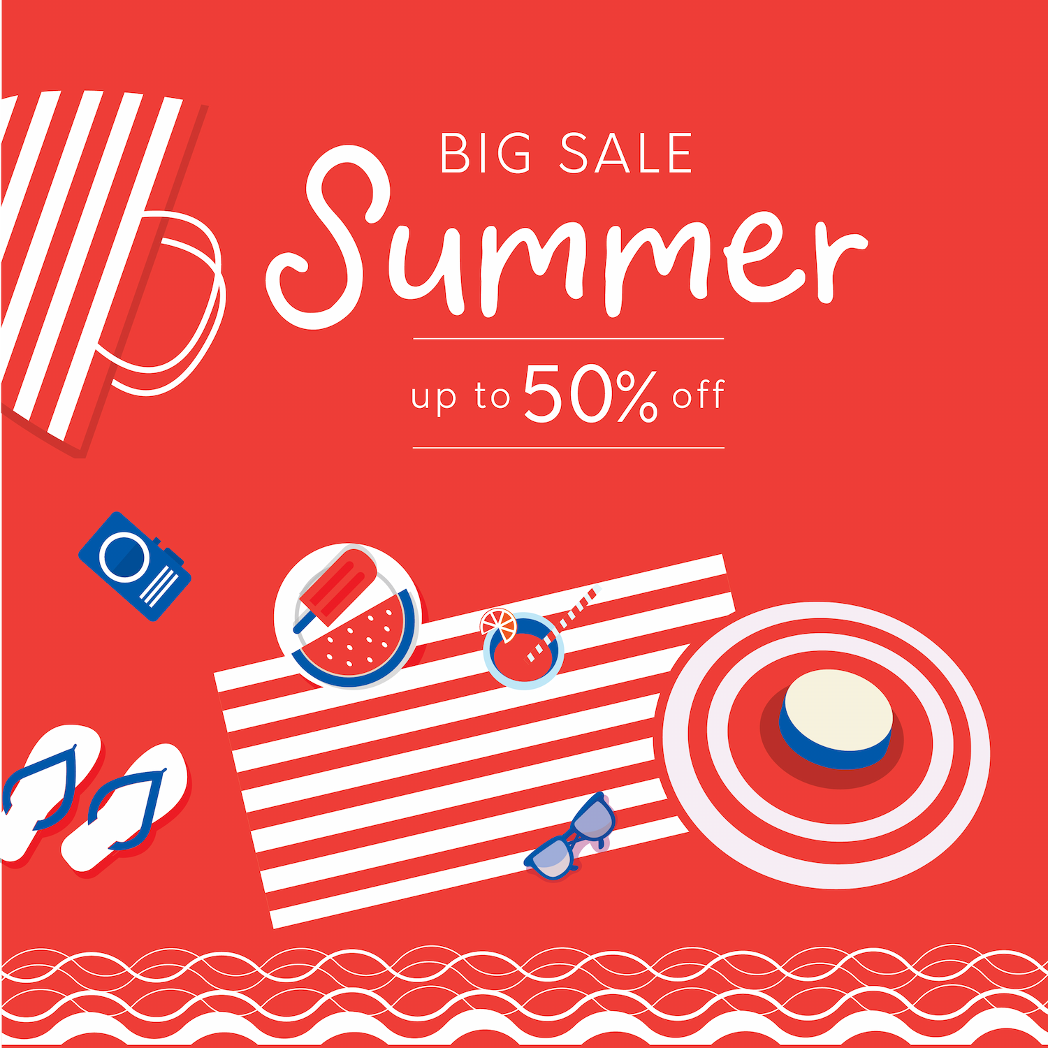 flat summer big sale template with beach towel, sunglasses, and up to 50% off