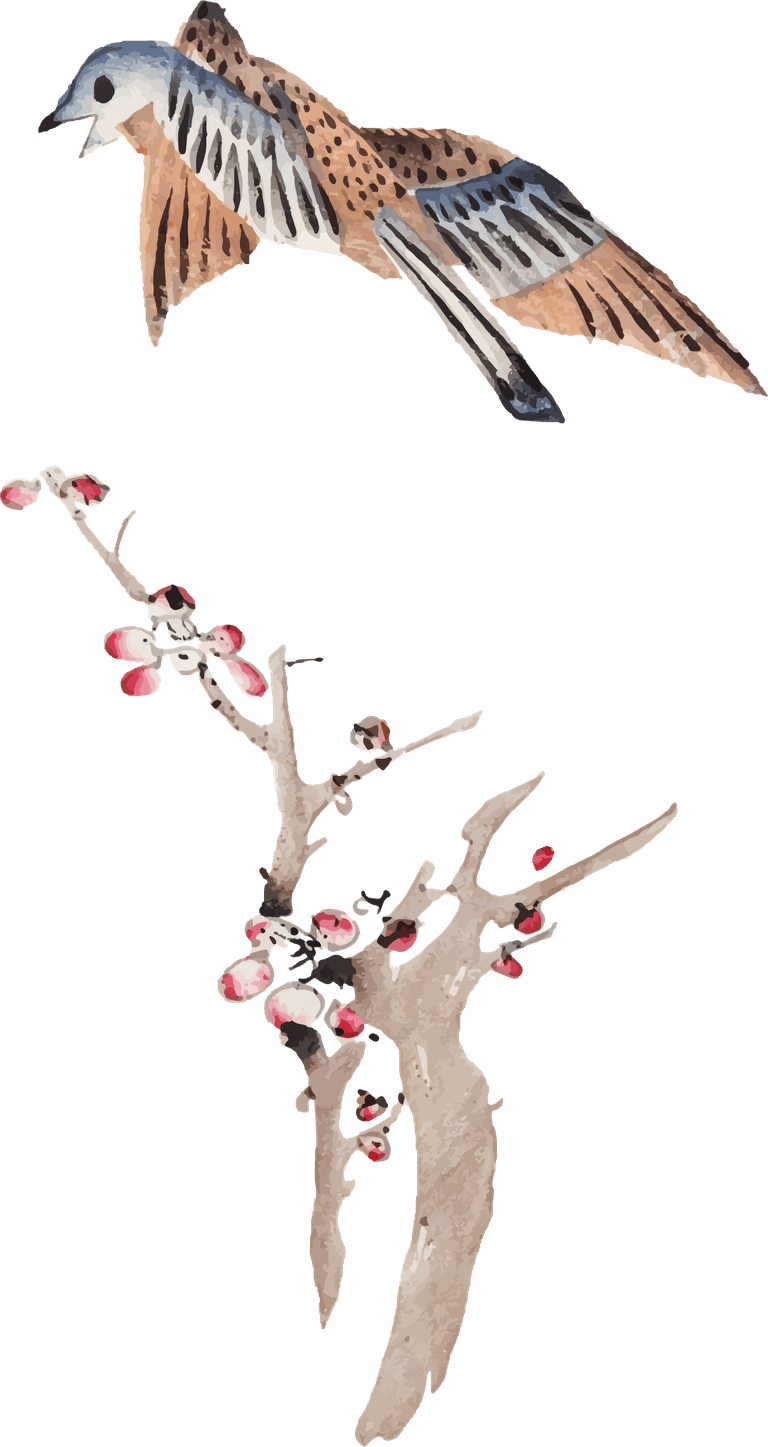 bird perching tree art print set remixed from artworks by hu zhengyan