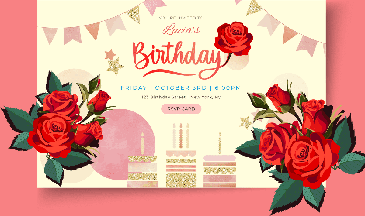 elegant birthday invitation trames card with floral accents and festive details