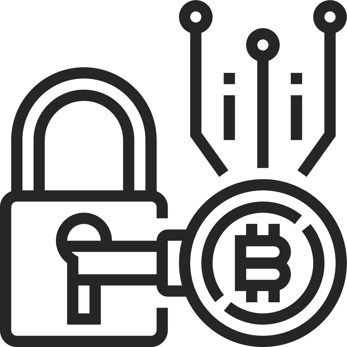 black line cryptocurrency icon representing secure transaction with a padlock and bitcoin symbol