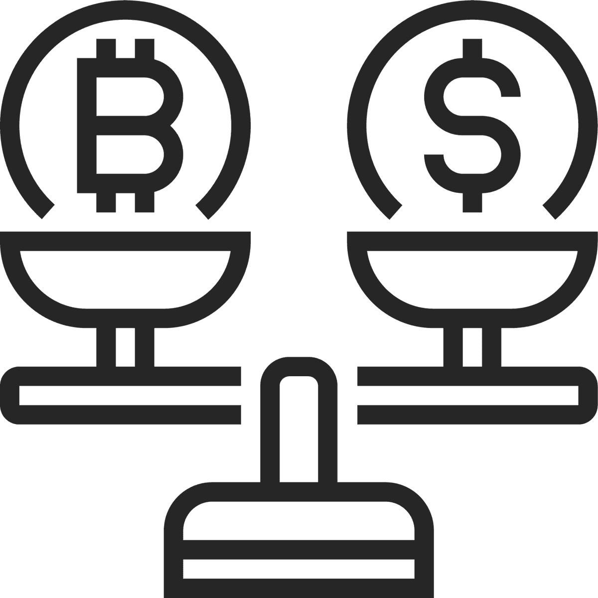 black line cryptocurrency icon illustrating balance between bitcoin and dollar symbols