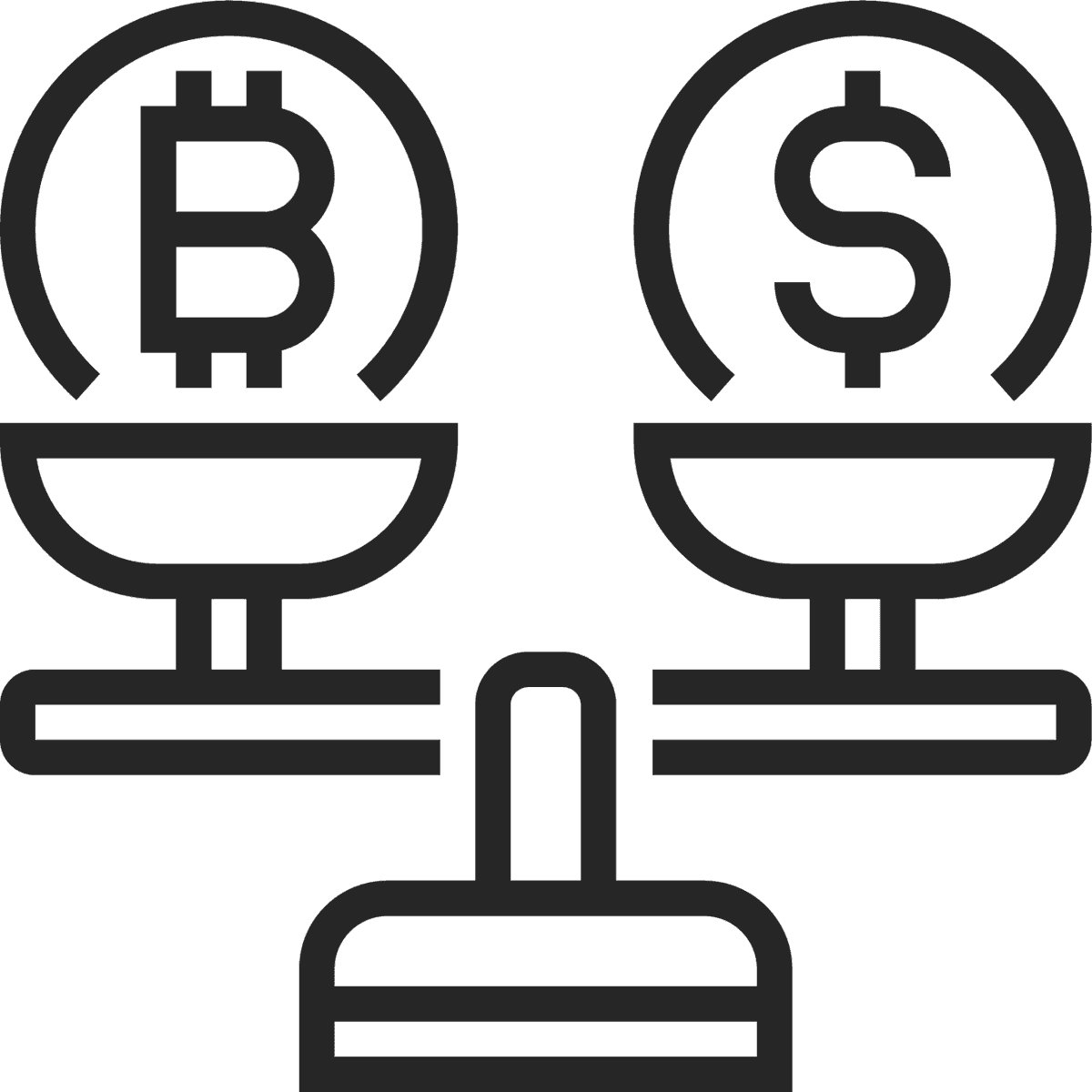 black line cryptocurrency icon illustrating balance between bitcoin and dollar symbols