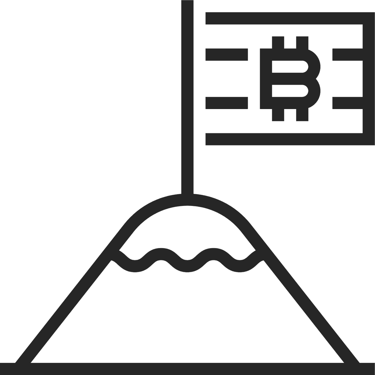 black line cryptocurrency icon featuring a mountain with a bitcoin flag for financial growth