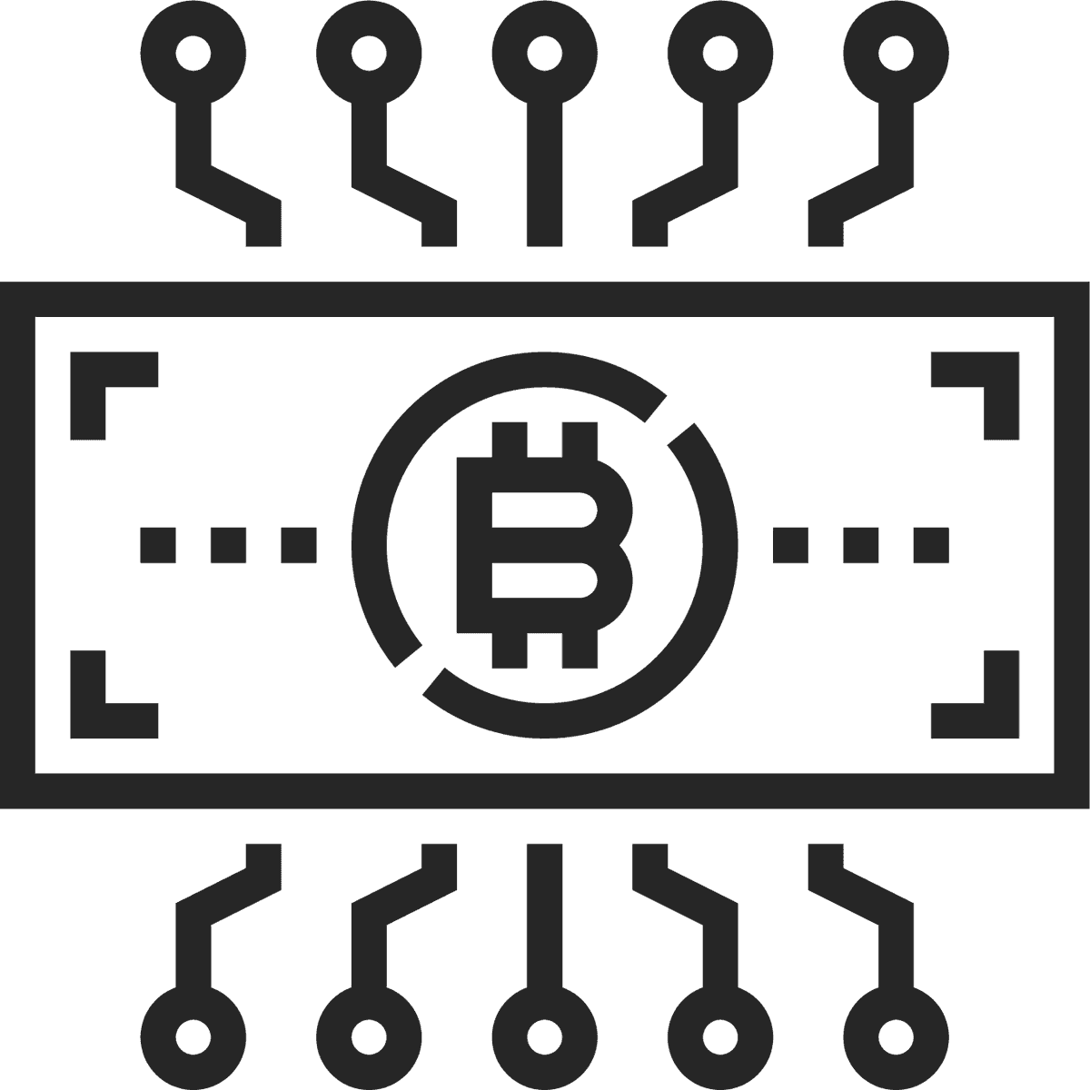 black line cryptocurrency icon featuring currency symbols and digital technology elements for finance apps