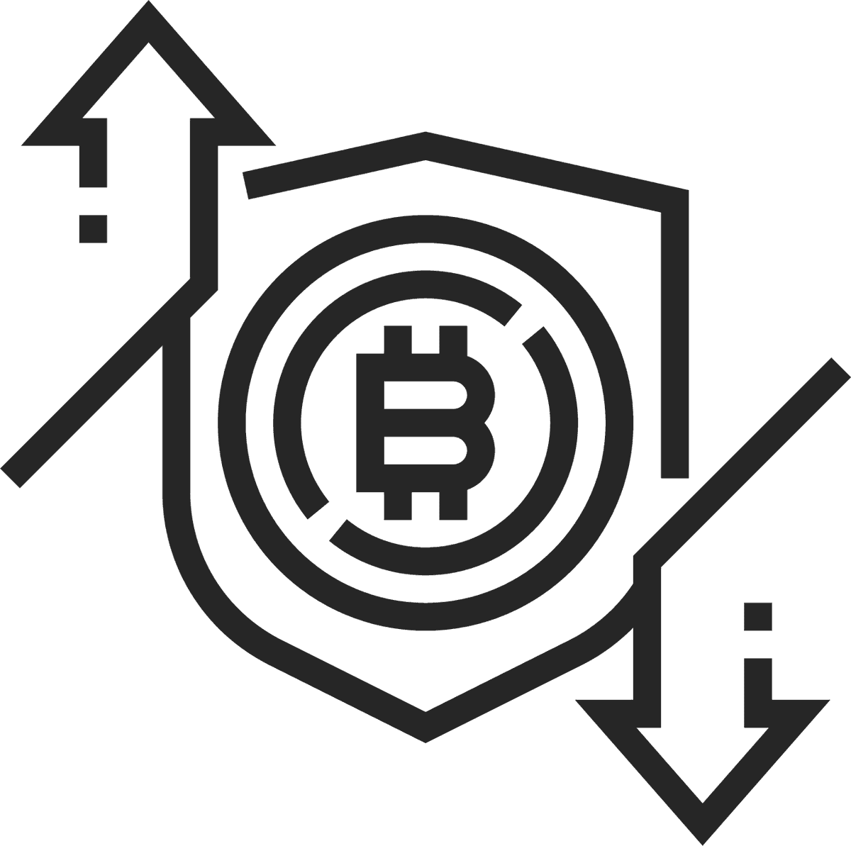 black line cryptocurrency icon with upward and downward trends for financial analysis