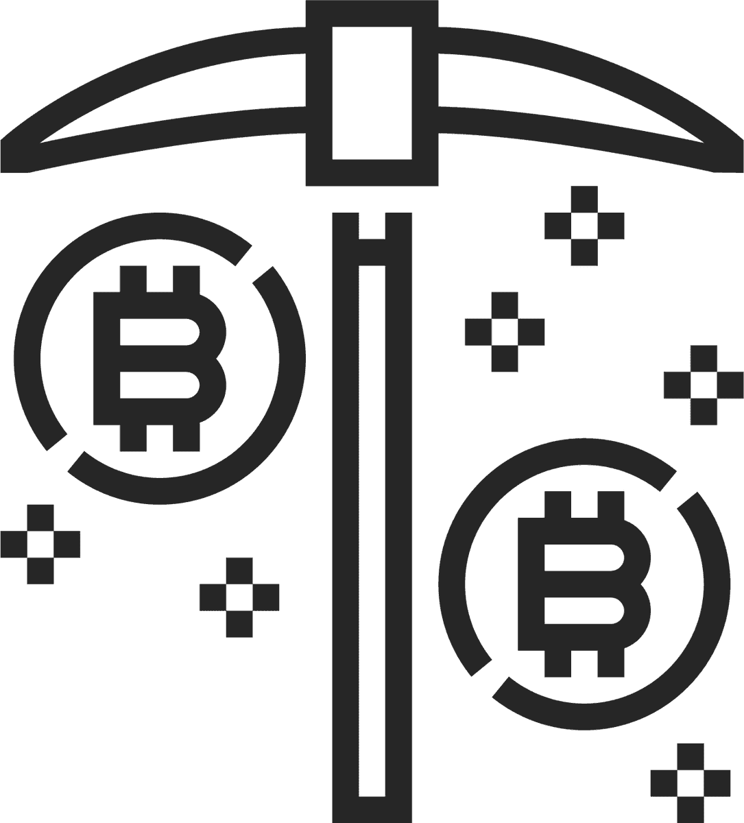 black line cryptocurrency icon depicting a miner extracting bitcoin with digital aesthetics