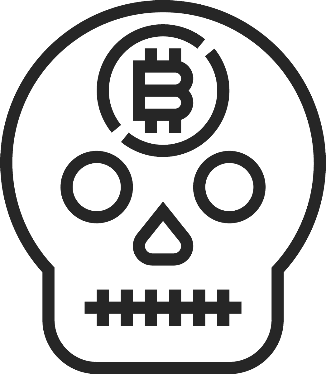 black line cryptocurrency icon featuring a skull with bitcoin symbol for financial themes