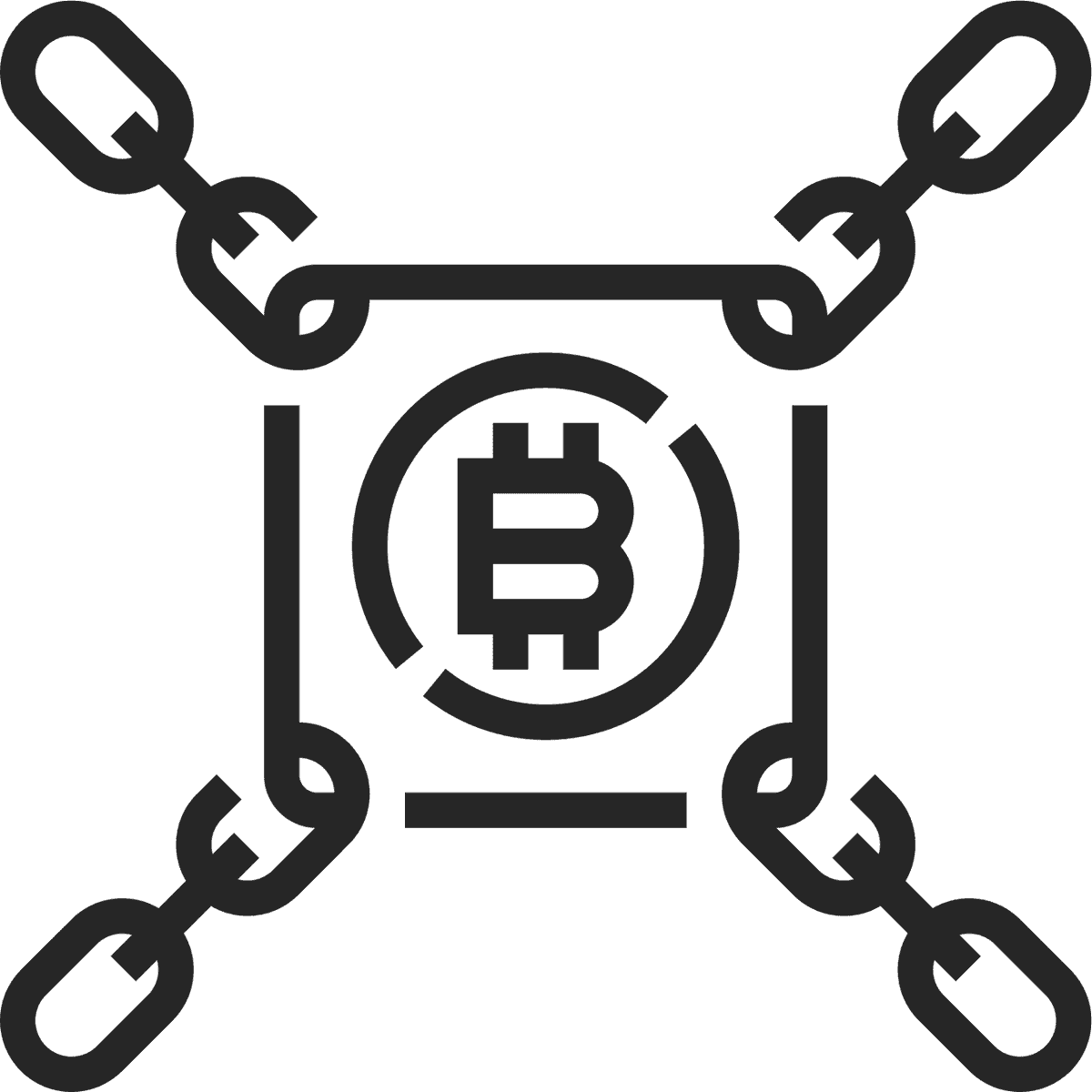 black line cryptocurrency icon with bitcoin symbol and chain links for secure transactions