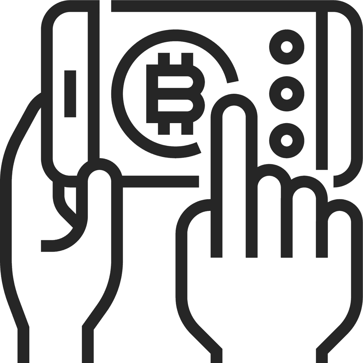 black line cryptocurrency icon featuring hands interacting with digital bitcoin on smartphone