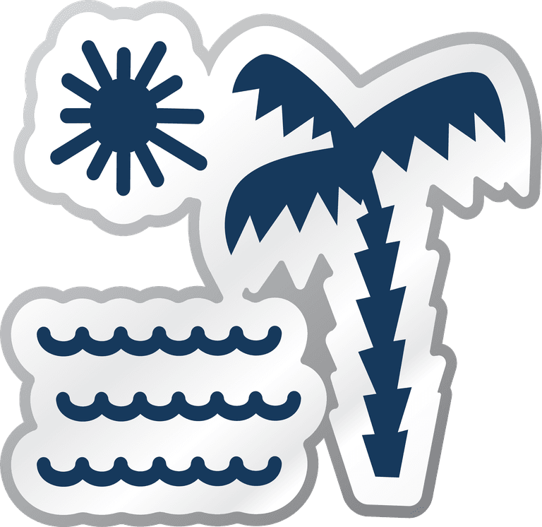 blue cartoon icon vector depicting a sunny beach scene with palm tree and waves