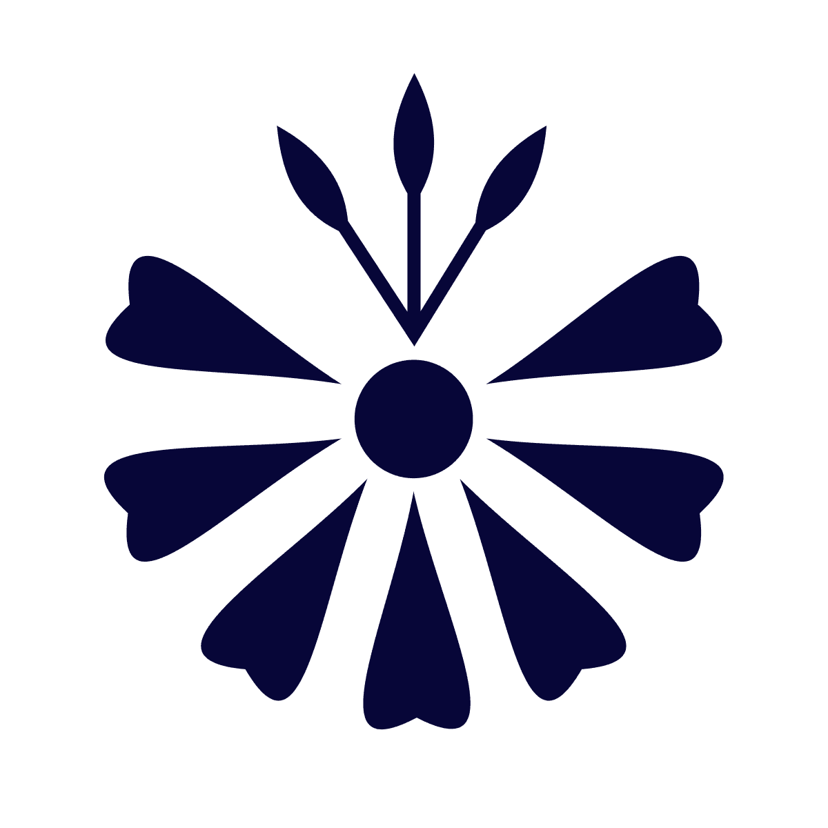 stylized abstract floral logo with eight petals and three leaf extensions