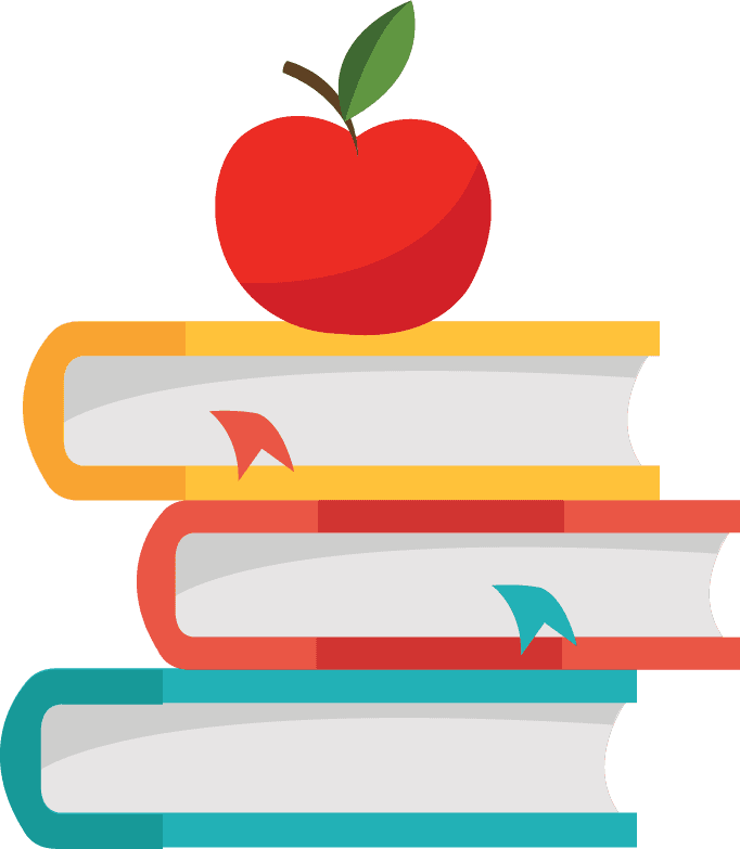 book school books elements set with colorful stacked books and apple illustration for education