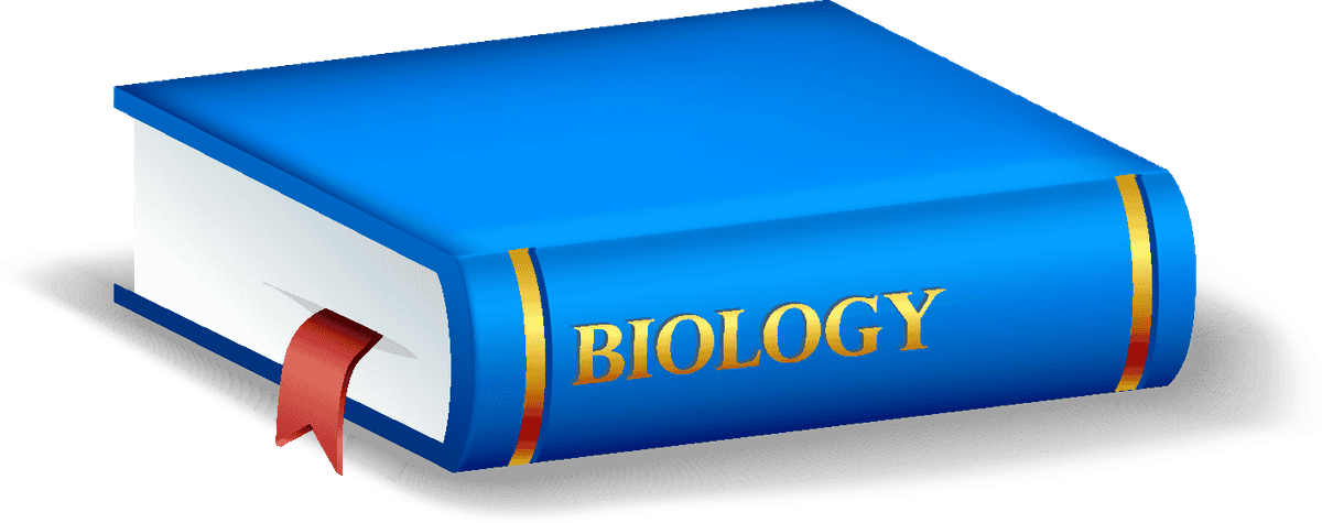 book science realistic icons set featuring a blue biology textbook with bookmark