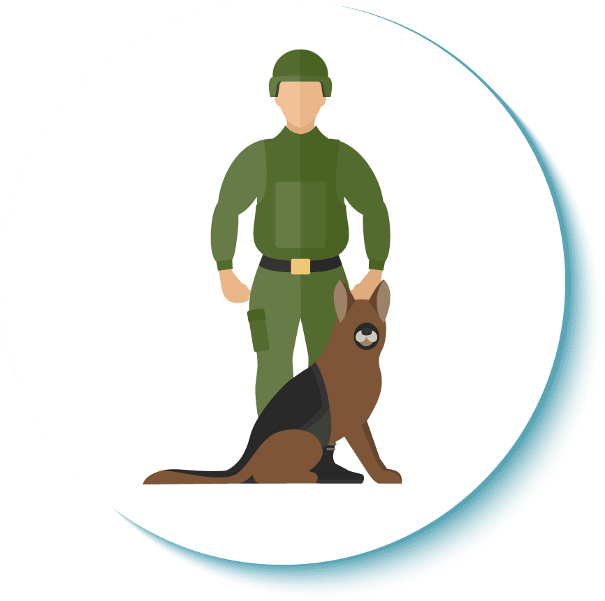 border guard icon flat showcasing a soldier and service dog for security applications