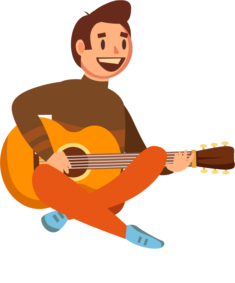 boy sitting playing guitar camping icons people activities colored cartoon characters