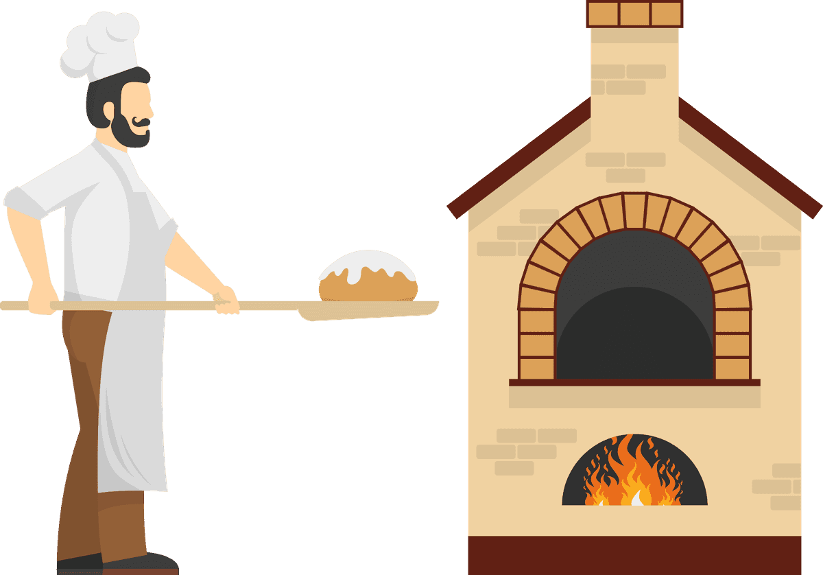 artisan baker bread making illustration with a traditional oven and a skilled chef