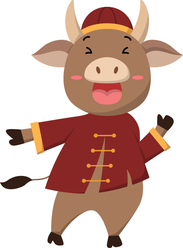 buffalo red set cute cow chinese costume cartoon character greeting card flat 
