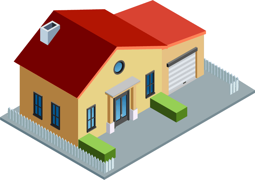 isometric city building illustration featuring a cozy house with garden and garage