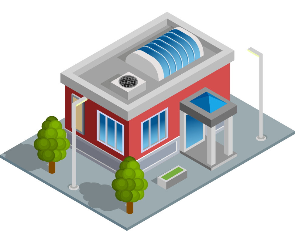 isometric city building illustration featuring a modern structure with solar panels and greenery