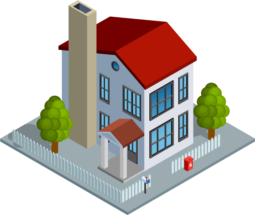 isometric city building illustration featuring a charming house with lush greenery and a mailbox