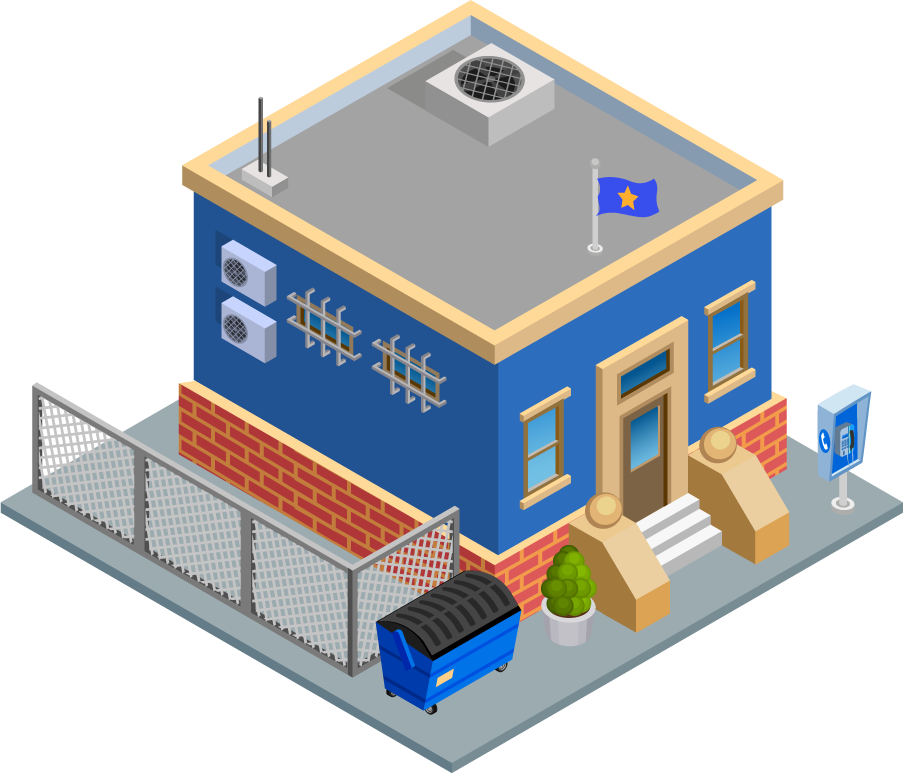 isometric city building illustration featuring a blue structure with detailed surroundings and urban elements