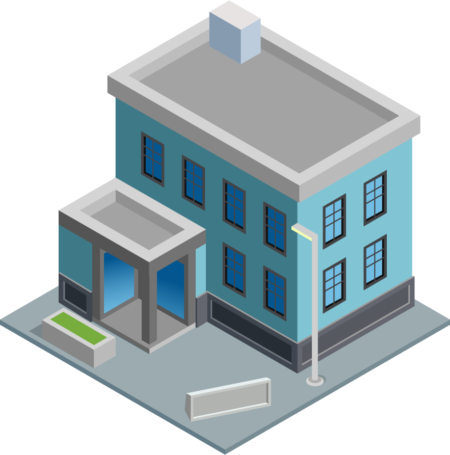 isometric city building illustration featuring a modern structure with detailed windows and landscaping