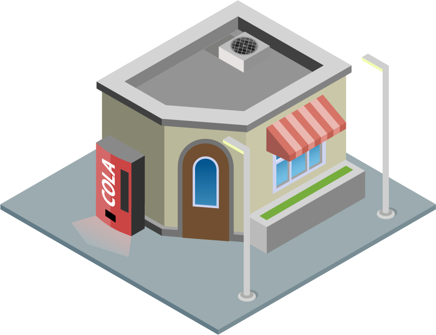 isometric city building illustration featuring a modern convenience store with a soda vending machine